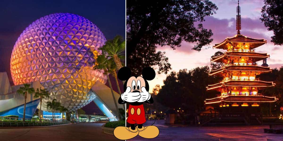 Mickey Mouse stands front and center at Epcot’s World Showcase, framed by the iconic Spaceship Earth and a glowing Japanese pagoda at sunset, setting the stage for an enchanting evening inspired by the Takumi-Tei menu in the Japan Pavilion.