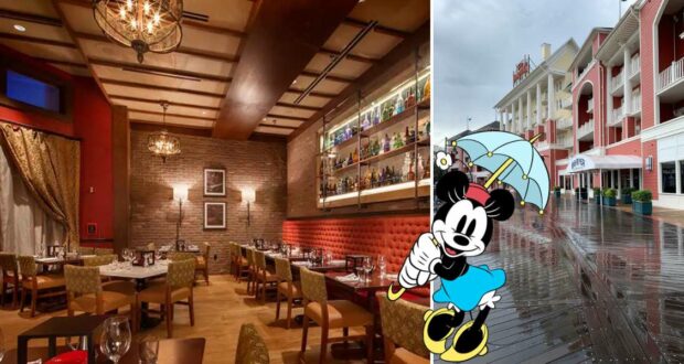 On the left, step inside a welcoming Disney Resort restaurant with its signature warmth; on the right, stroll a rain-soaked boardwalk where Minnie Mouse brightens the day with her umbrella, all wrapped in a distinctly charming Nicole-inspired vibe.