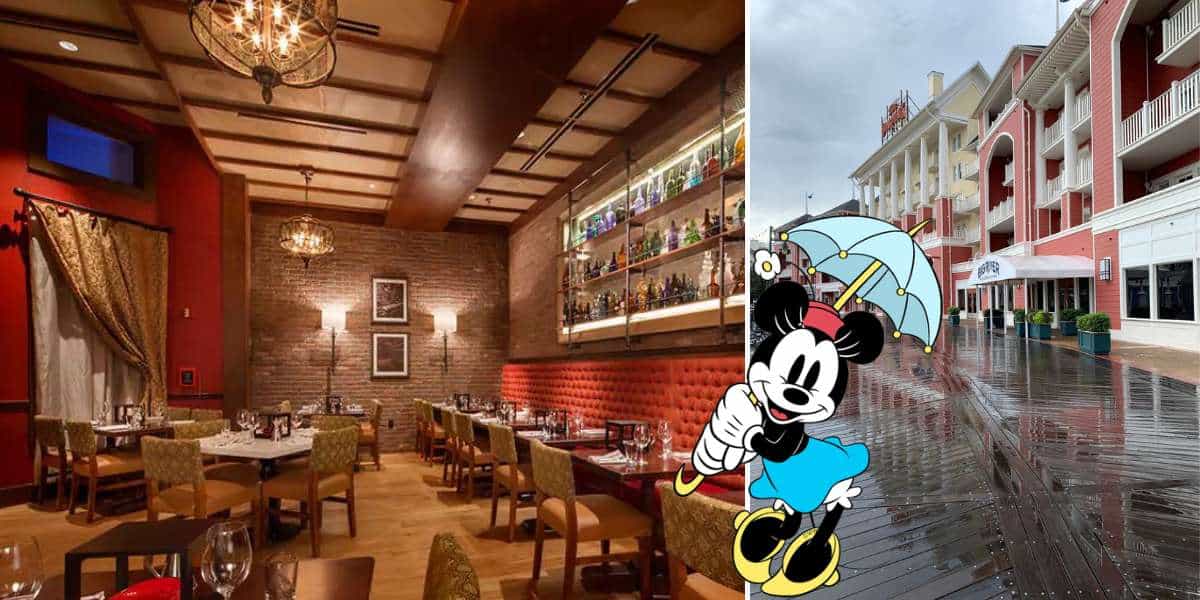 On the left, step inside a welcoming Disney Resort restaurant with its signature warmth; on the right, stroll a rain-soaked boardwalk where Minnie Mouse brightens the day with her umbrella, all wrapped in a distinctly charming Nicole-inspired vibe.