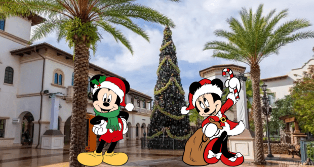 Mickey and Minnie, dressed in festive Christmas attire, greet guests beside a towering holiday tree in the sunlit town square of Disney Springs, framed by palm trees and filled with the joyful spirit of a magical Disney Christmas celebration.