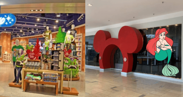 Step into the magic at the Disney Store entrance, where eye-catching displays of Disney merchandise set the scene. Walk through a vibrant red Mickey Mouse-shaped doorway, highlighted by a colorful Ariel graphic, capturing the excitement and wonder found in your favorite Disney theme park experiences.