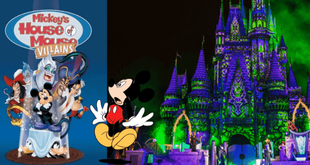 Mickey Mouse appears startled as he finds himself surrounded by Disney Villains in front of a glowing, haunted castle at night, capturing the thrill of stepping into Disney Villains Land at Disney World.
