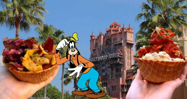 Goofy strikes a playful pose between two guests holding Waffle Bowls on Hollywood Boulevard at Disney's Hollywood Studios, with iconic palm trees and the Hollywood Tower Hotel rising in the background.