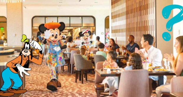 Guests enjoy a lively meal at a Disney World restaurant as beloved characters like Mickey Mouse and Goofy mingle with diners, bringing magical entertainment to the experience; don’t forget to check the Disney Dining Reservation Cancellation policy ahead of your visit.