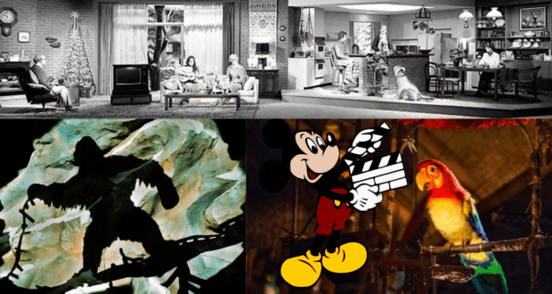 A vibrant montage of classic TV moments, the legendary King Kong, Mickey Mouse holding a director’s clapperboard as seen in Disney Park attractions, and a brilliantly colored parrot—all celebrating the iconic spectacles of theme park entertainment.