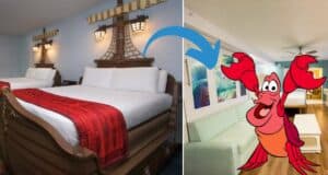 Immersive pirate-themed hotel room featuring ship-shaped beds and a playful cartoon crab accent, capturing the imaginative design found in Disney's Caribbean Beach Resort Mermaid Rooms.