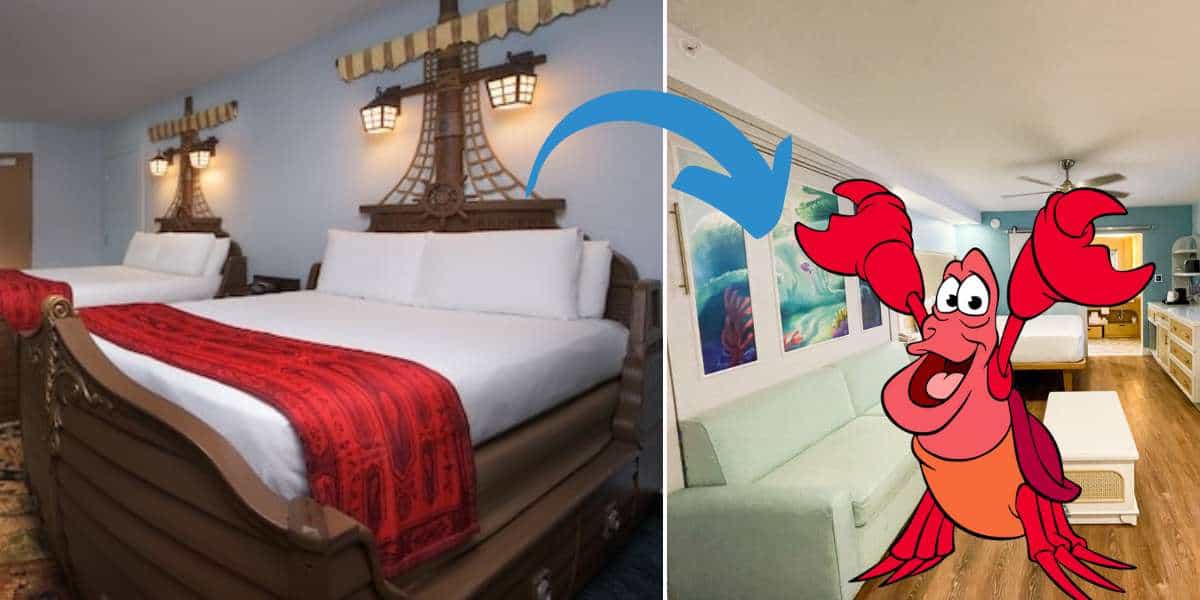 Immersive pirate-themed hotel room featuring ship-shaped beds and a playful cartoon crab accent, capturing the imaginative design found in Disney's Caribbean Beach Resort Mermaid Rooms.