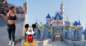 Fashion-forward Disney fan rocks an all-black outfit featuring a bold Mickey Mouse graphic, posing in front of the iconic Sleeping Beauty Castle at Disneyland and flawlessly embracing Disney’s park style code.