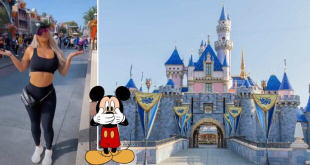 Fashion-forward Disney fan rocks an all-black outfit featuring a bold Mickey Mouse graphic, posing in front of the iconic Sleeping Beauty Castle at Disneyland and flawlessly embracing Disney’s park style code.