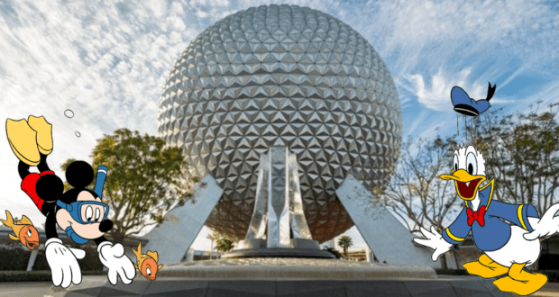 Mickey Mouse explores underwater with snorkeling gear while Donald Duck stands nearby in front of the iconic Epcot sphere at Disney World, both celebrating the exciting new updates to Disney Seas Adventure.