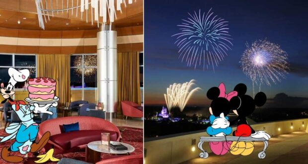 Goofy delights guests at the Enchantment at the Top Dessert Party, presenting a cake in a stylish lounge. Outside, Mickey and Minnie enjoy a magical evening on the balcony, watching spectacular fireworks illuminate the night sky over Disney World.