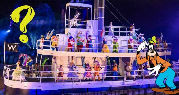 Beloved Disney characters light up the night aboard Steamboat Willie during the dazzling Fantasmic! show, as Goofy and a giant yellow question mark make an exciting and unexpected entrance.