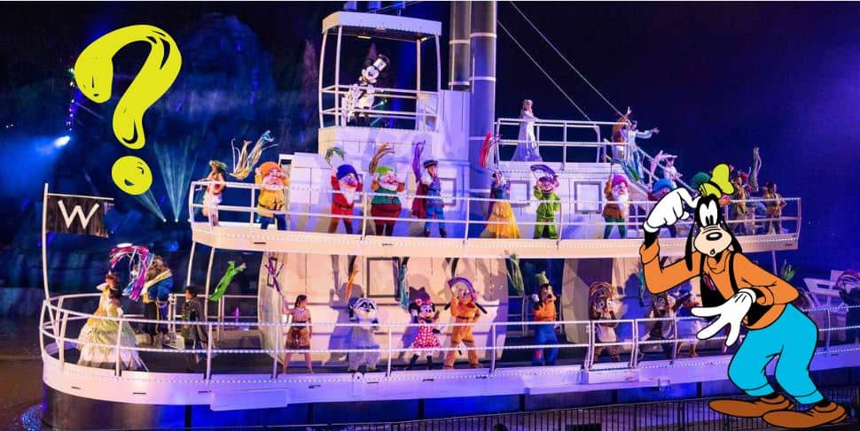 Beloved Disney characters light up the night aboard Steamboat Willie during the dazzling Fantasmic! show, as Goofy and a giant yellow question mark make an exciting and unexpected entrance.