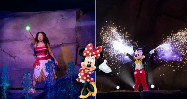 During Fantasmic, Moana takes center stage holding a glowing green orb, while Mickey Mouse dazzles the crowd with magical sparks and Minnie Mouse waves enthusiastically to guests in the foreground.