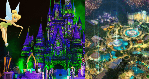 Tinker Bell soaring past a radiant castle and vibrant, illuminated attractions at Disney’s imagined fifth gate, as fireworks light up the night sky, evoking the park’s signature sense of wonder and enchantment.