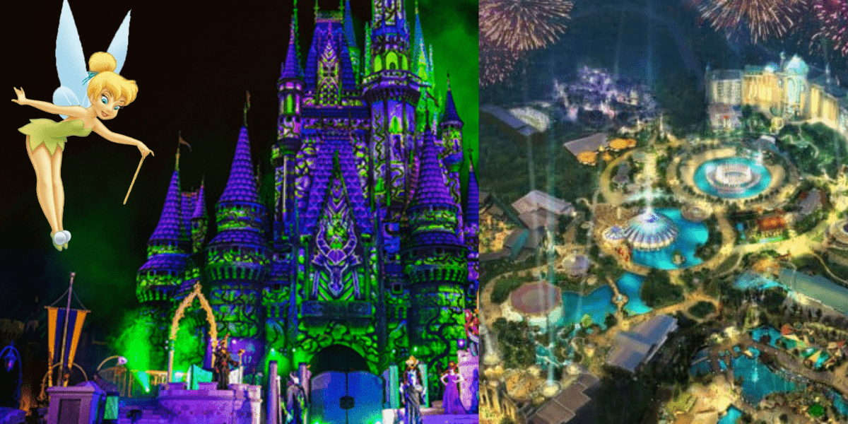 Tinker Bell soaring past a radiant castle and vibrant, illuminated attractions at Disney’s imagined fifth gate, as fireworks light up the night sky, evoking the park’s signature sense of wonder and enchantment.