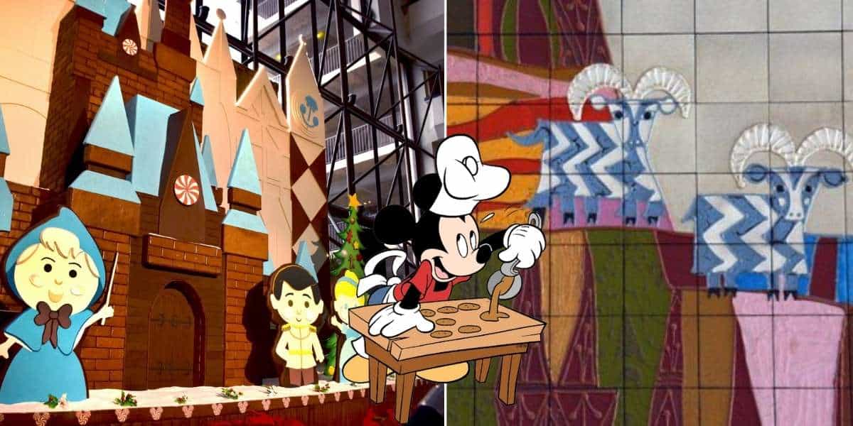 Mickey Mouse at Disney World joyfully baking cookies, featuring a whimsical five-legged goat sugar cookie, beside a festive gingerbread house and a wall adorned with charming goat artwork.