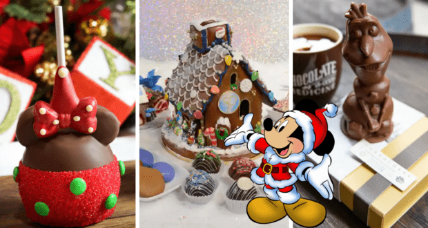 Disney Parks holiday treats take center stage as must-have gifts this Christmas, showcasing iconic snacks like a Minnie Mouse-themed candy apple, whimsical gingerbread houses, and a chocolate Olaf statue—all capturing the magic of Disney's seasonal festivities.