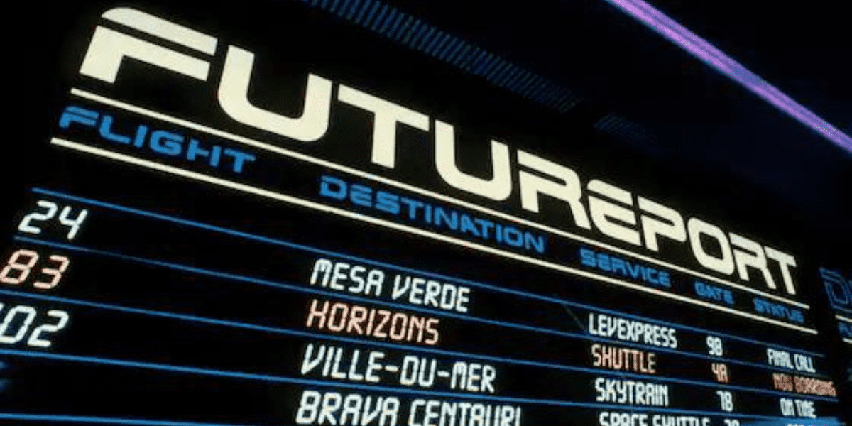 EPCOT-inspired retro departure board displays imaginative destinations from Horizons, like Mesa Verde, with playful nods to theme park transit options such as the Shuttle and Skytrain.