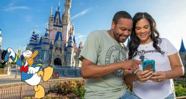 Guests enjoy the magic of Disney parks as they smile at their phone outside a castle, using Disney Genie+ with Donald Duck featured alongside.
