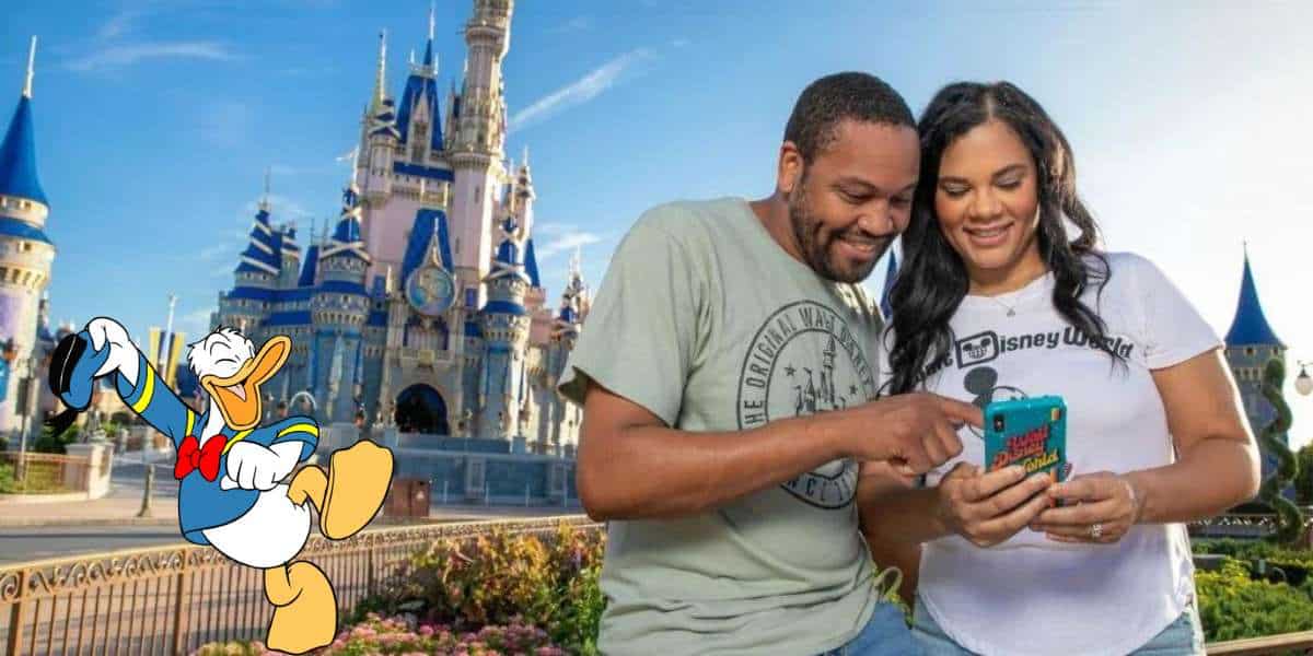 Guests enjoy the magic of Disney parks as they smile at their phone outside a castle, using Disney Genie+ with Donald Duck featured alongside.