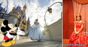 Mickey Mouse, Cinderella by the iconic castle, and a princess in a vibrant red dress sharing a cheerful moment indoors—capturing pure Disney magic just before an unforgettable Guest Breaks Character incident.