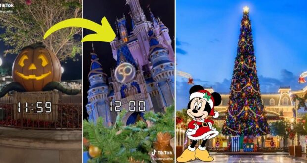 A glowing Halloween pumpkin greets guests as Cinderella Castle shimmers at midnight with dazzling holiday decorations, while Minnie Mouse, dressed in festive attire beside a sparkling Christmas tree, captures the holiday magic of Magic Kingdom.