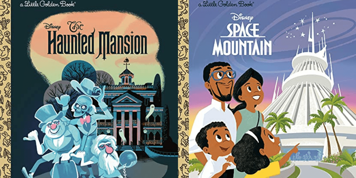 Disney Parks Little Golden Books covers: "The Haunted Mansion" presents its iconic playful ghosts, and "Space Mountain" spotlights an excited family about to embark on a thrilling Tomorrowland adventure.