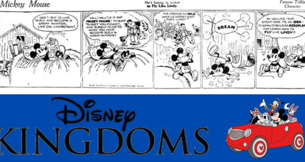 Classic Mickey Mouse comic strips are featured at the top, while below, the Disney Kingdoms logo sits next to Mickey, Minnie, and Pluto driving a vintage red car—evoking the whimsical spirit and nostalgia of timeless Disney park comics beloved by fans.