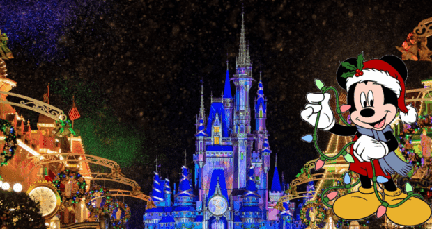 Mickey Mouse dressed in festive holiday attire, illuminated by twinkling lights, greets guests in front of a dazzlingly decorated castle at Walt Disney World during the magical Christmas nighttime celebration.