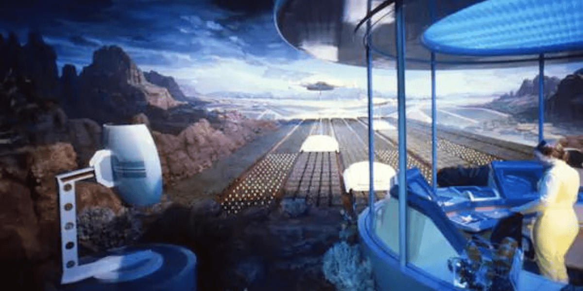 Inside a sleek, futuristic room inspired by EPCOT’s Horizons, a visitor gazes out over a sci-fi landscape filled with awe-inspiring mountains and cutting-edge technology, capturing the innovative spirit that made the classic attraction legendary among theme park fans.
