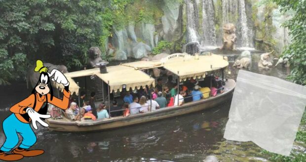 Goofy takes a whimsical Jungle Cruise boat ride, shown alongside an exclusive Jungle Cruise Ziploc bag overlay—perfect for Disney fans and collectors.