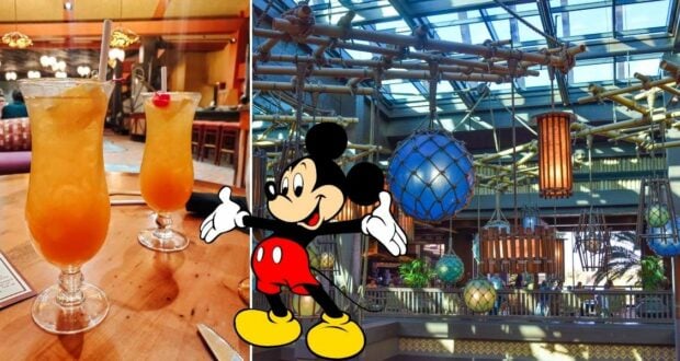 Mickey Mouse relaxes at Disney World, savoring the lively, island-inspired atmosphere of a Kona Cafe-themed restaurant while two colorful tropical drinks rest on the table.