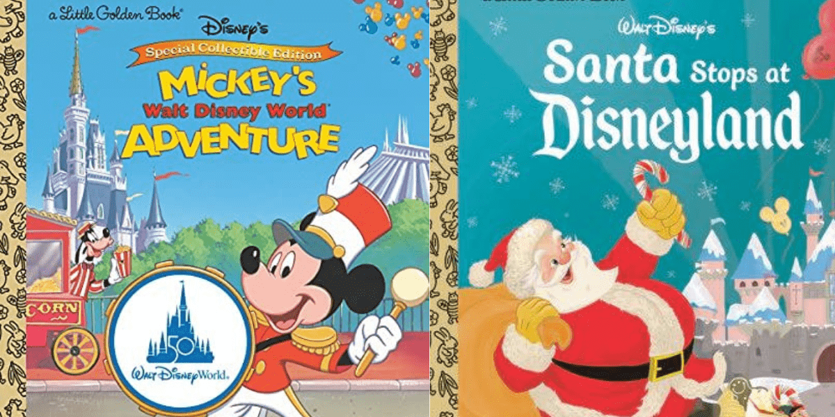 Covers of two Disney Parks Little Golden Books: one spotlighting Mickey Mouse enjoying the magic of Disney World, and the other featuring Santa Claus bringing holiday cheer to Disneyland.
