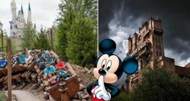 Mickey Mouse signals for quiet in the heart of Disney World, standing between the iconic castle, a thrilling roller coaster, and a mysterious tower under brooding clouds, perfectly reflecting the magical and cinematic allure of the park’s attractions.