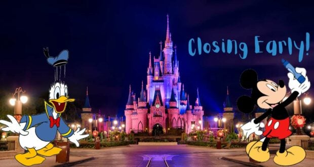 The iconic Disney castle glows under the night sky as Donald Duck looks on in surprise and Mickey Mouse writes "Closing Early!" in bright blue letters, with the Magic Kingdom’s early closure announcement lighting up the scene for guests.