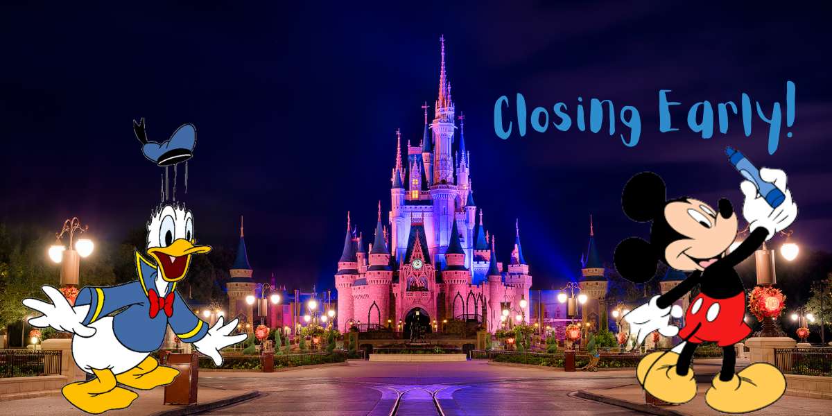 The iconic Disney castle glows under the night sky as Donald Duck looks on in surprise and Mickey Mouse writes "Closing Early!" in bright blue letters, with the Magic Kingdom’s early closure announcement lighting up the scene for guests.