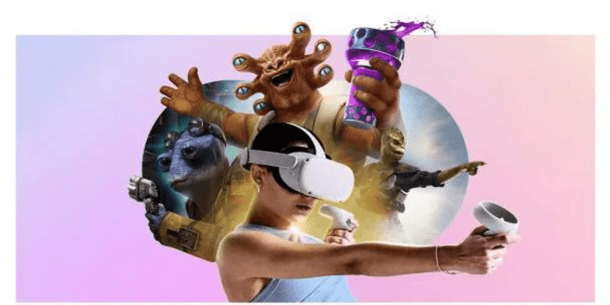 Attendee enjoying an immersive VR gaming experience with controllers at IAAPA Expo 2022, surrounded by vibrant animated alien characters.