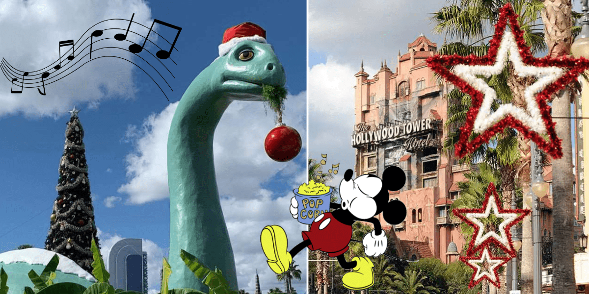 A playful green dinosaur wearing a Santa hat joins Mickey Mouse among twinkling stars and music notes, all set against elaborately decorated Disney park buildings, capturing the joyful spirit of a Disney Holiday Popcorn Bucket during the festive season.