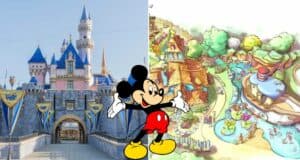 Mickey Mouse greets guests between the iconic Disney castle and a vibrant, illustrated theme park map, with the lively attractions of Mickey's Toontown at Disneyland showcased in the colorful background.