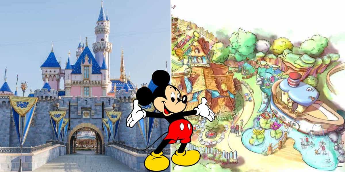 Mickey Mouse greets guests between the iconic Disney castle and a vibrant, illustrated theme park map, with the lively attractions of Mickey's Toontown at Disneyland showcased in the colorful background.