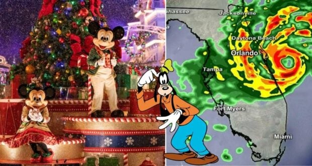 Mickey and Minnie celebrate the holidays at Magic Kingdom alongside Goofy, with a hurricane weather map of Florida highlighting the approach of Tropical Storm Nicole—capturing both the festive magic of Mickey's Very Merry Christmas Party and the anticipation surrounding Florida’s changing weather.