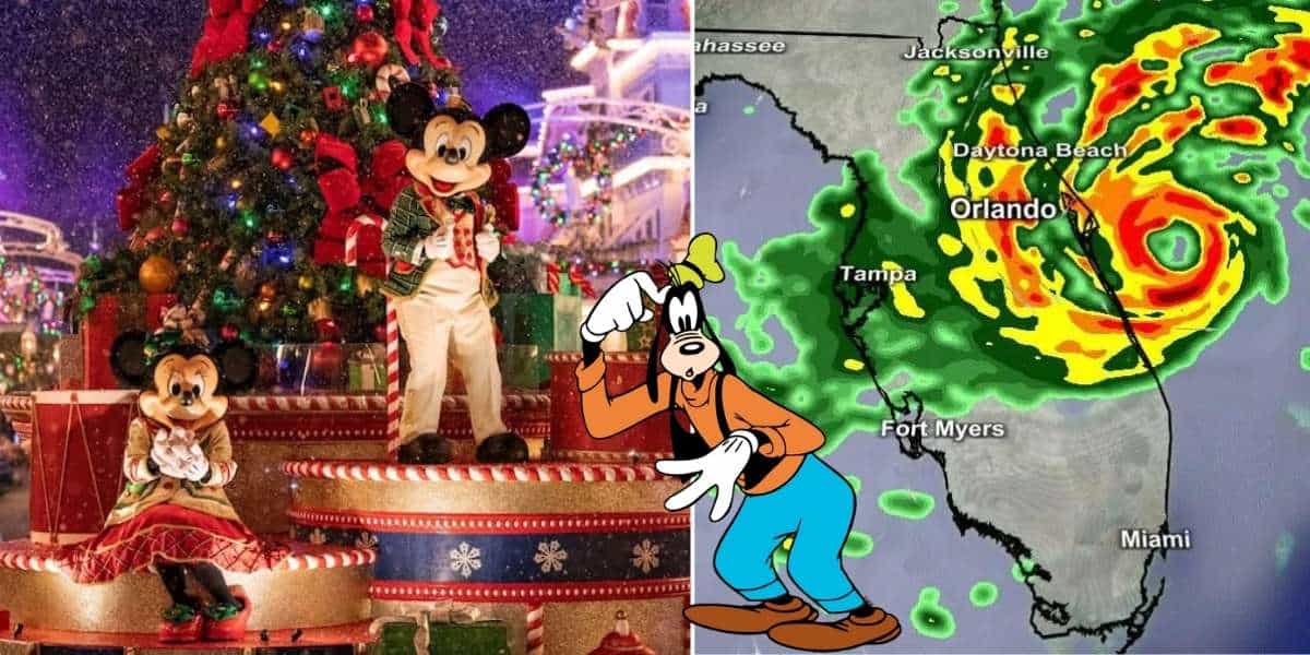 Mickey and Minnie celebrate the holidays at Magic Kingdom alongside Goofy, with a hurricane weather map of Florida highlighting the approach of Tropical Storm Nicole—capturing both the festive magic of Mickey's Very Merry Christmas Party and the anticipation surrounding Florida’s changing weather.