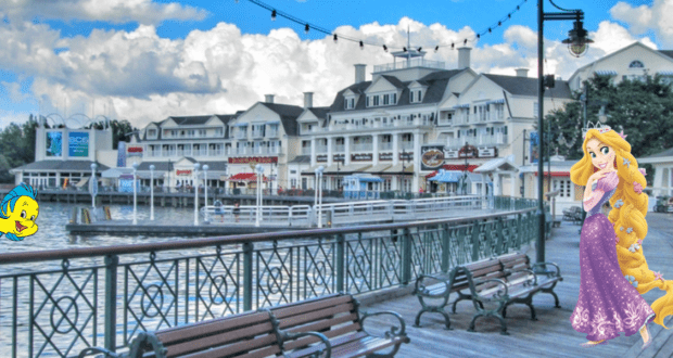 The lively Disney Boardwalk stretches alongside the water, lined with inviting benches perfect for a break between adventures. Trattoria al Forno sits in the background, welcoming guests to dine. Flounder pops up playfully in the left corner, while Rapunzel—radiant in her signature purple dress—stands on the right, ready to greet visitors.