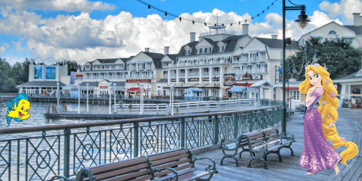 The lively Disney Boardwalk stretches alongside the water, lined with inviting benches perfect for a break between adventures. Trattoria al Forno sits in the background, welcoming guests to dine. Flounder pops up playfully in the left corner, while Rapunzel—radiant in her signature purple dress—stands on the right, ready to greet visitors.
