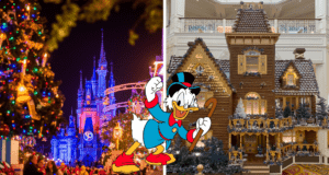 Left: Sleeping Beauty Castle illuminated beside a towering Christmas tree, capturing the festive wonder of Disneyland during the holidays. Right: Scrooge McDuck stands in front of an enormous Disney Gingerbread House, blending holiday spirit with classic Disney charm.