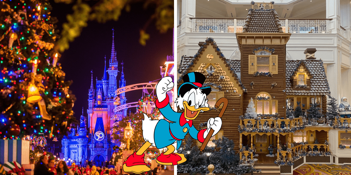 Left: Sleeping Beauty Castle illuminated beside a towering Christmas tree, capturing the festive wonder of Disneyland during the holidays. Right: Scrooge McDuck stands in front of an enormous Disney Gingerbread House, blending holiday spirit with classic Disney charm.