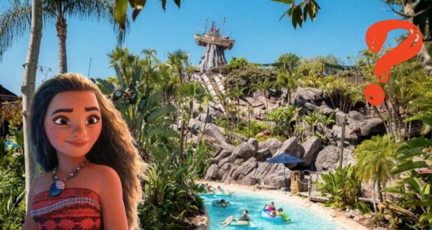 Moana greets guests beside the winding lazy river at Disney’s Typhoon Lagoon, with a bold red question mark floating in the sunny tropical sky.