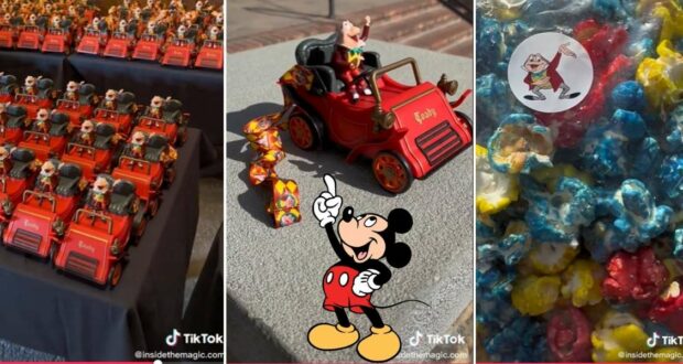 Three images showcasing Disney Parks magic: playful toy vehicles with character figures, a Mickey Mouse collectible figure, and vibrant popcorn topped with a Disney Parks sticker—evoking the fun and whimsy of the Mr. Toad Popcorn Bucket exclusive.