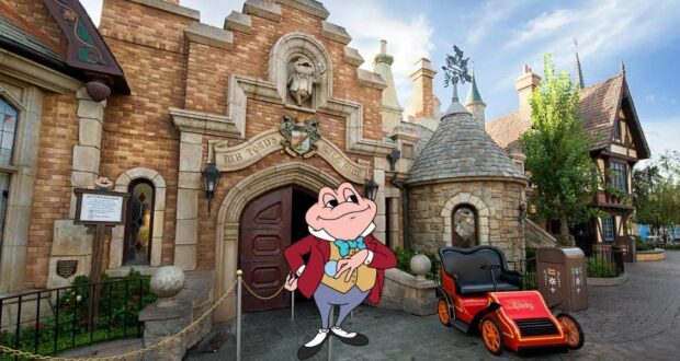 Mr. Toad welcomes Disneyland guests outside the entrance to Mr. Toad’s Wild Ride on a bright, sunny day, inviting fans to experience the charm of this beloved classic attraction.